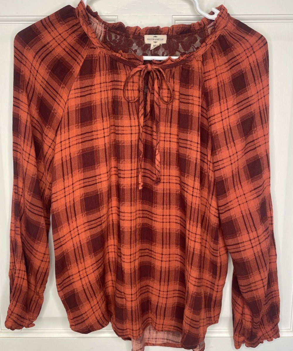 Maison & Belle Boho Lace Back Blouse Top Sz M Plaid Smocking Peasant Cowgirl